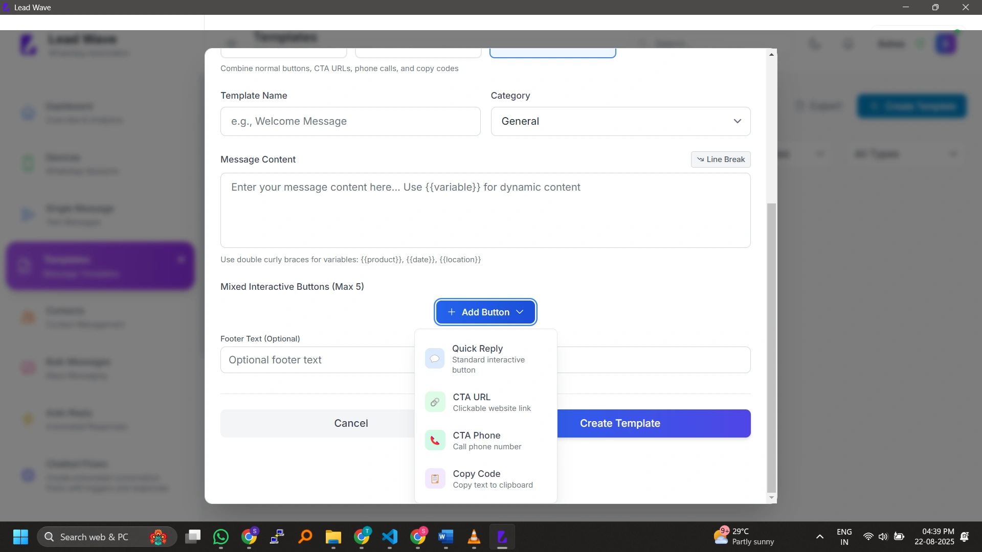 Create powerful interactive messages with buttons, links, and actions.